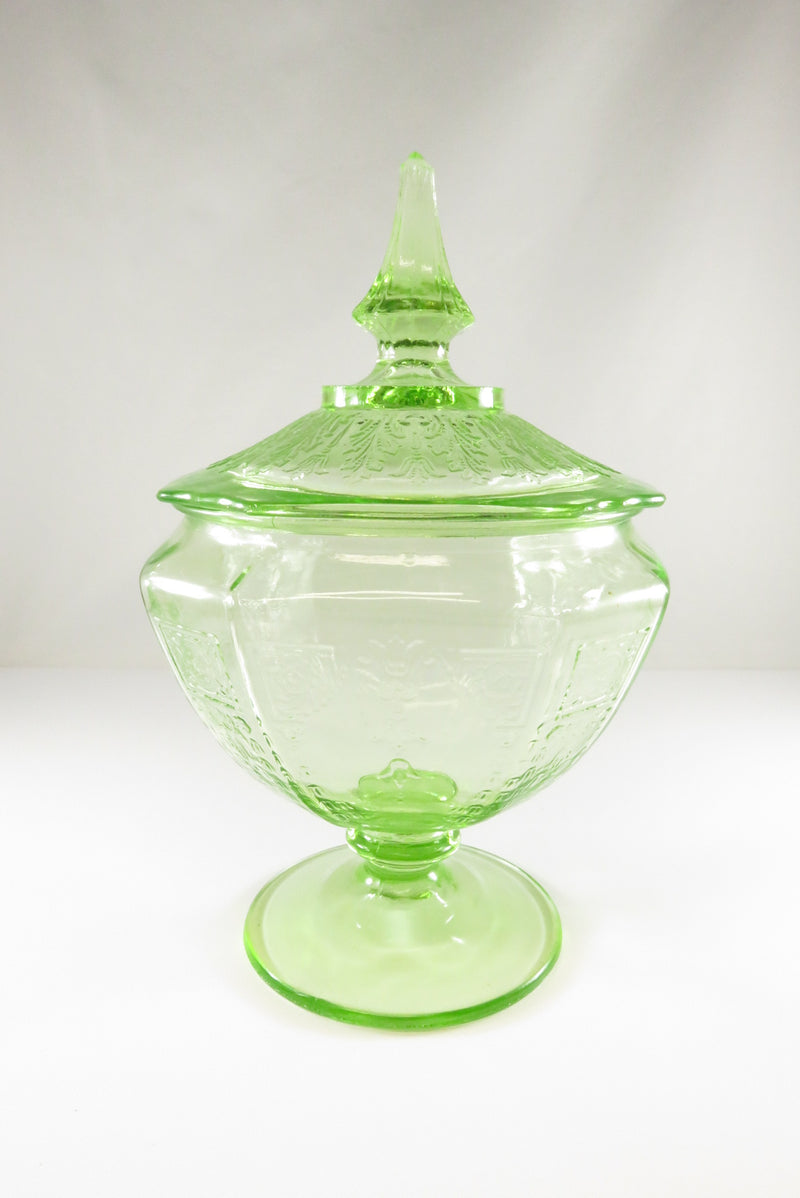 Green Vaseline Uranium Glass Covered Candy Dish Anchor Hockings Princess