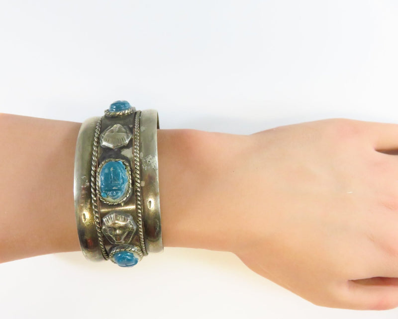 Vintage Egyptian Revival Scarab White Metal Cuff Bracelet 7 1/2"