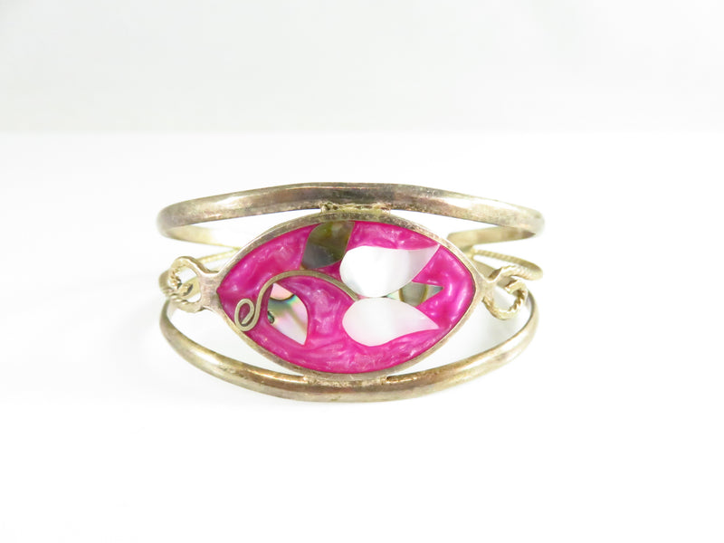 Retro Flower Pink Enamel Surround Cuff Bracelet  6 1/4" Cuff Bracelet