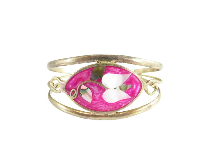 Retro Flower Pink Enamel Surround Cuff Bracelet  6 1/4" Cuff Bracelet