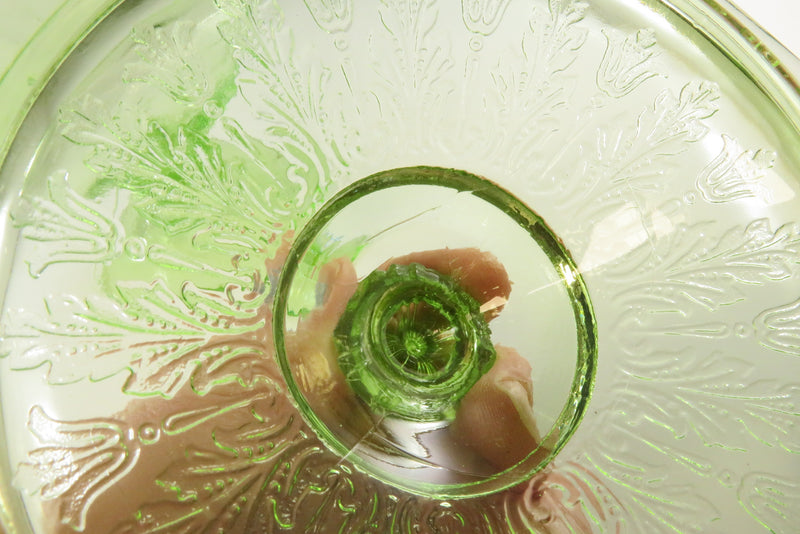 Green Vaseline Uranium Glass Covered Candy Dish Anchor Hockings Princess