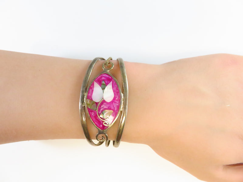 Retro Flower Pink Enamel Surround Cuff Bracelet  6 1/4" Cuff Bracelet