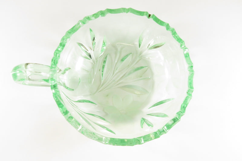 Handled Coke Bottle Colored Green Vaseline Uranium Glass Floral Patterned