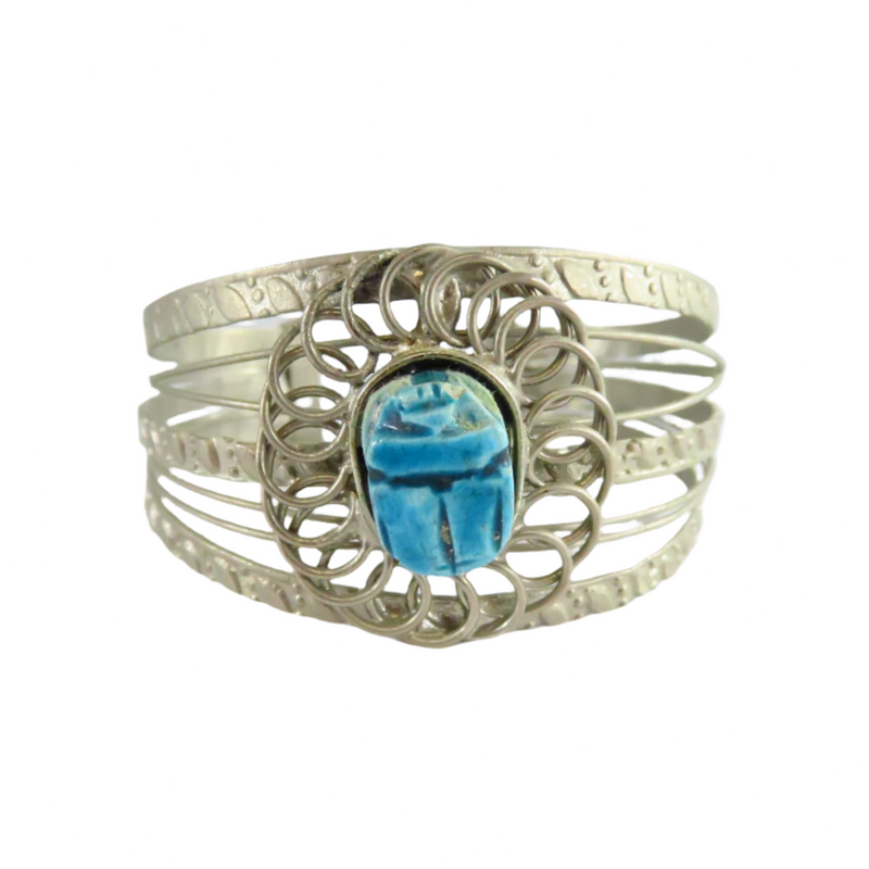Pre-owned Egyptian Revival Solitaire Scarab White Metal Cuff Bracelet 7 1/4" — Jewelry & Watches:Vintage & Antique Jewelry:Fi