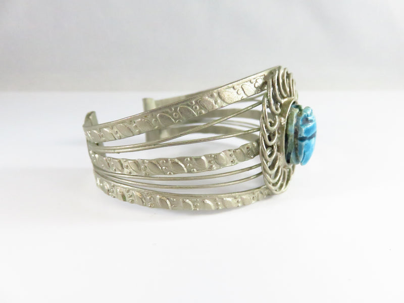 Pre-owned Egyptian Revival Solitaire Scarab White Metal Cuff Bracelet 7 1/4"