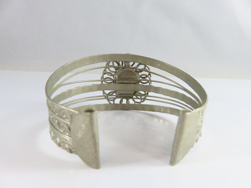 Pre-owned Egyptian Revival Solitaire Scarab White Metal Cuff Bracelet 7 1/4"