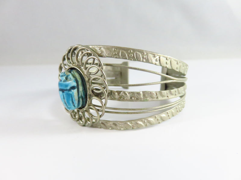 Pre-owned Egyptian Revival Solitaire Scarab White Metal Cuff Bracelet 7 1/4"