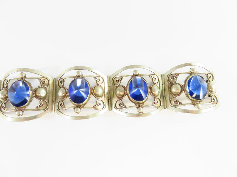 Vintage Mexico Blue Glass Link Bracelet Tasco PO Sz 6" Slide Lock