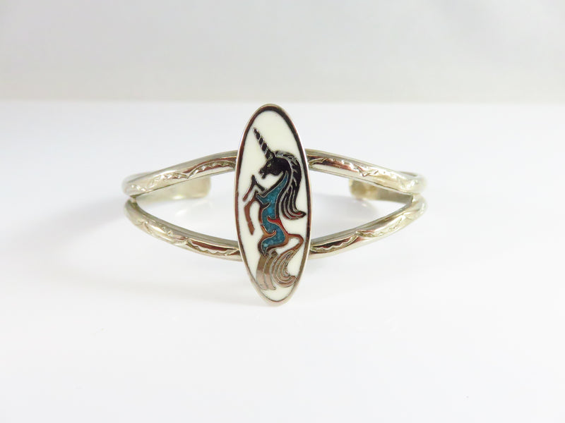 Retro Unicorn Cuff Bracelet White Enamel Crushed Turquoise  6 3/4" Cuff Bracelet