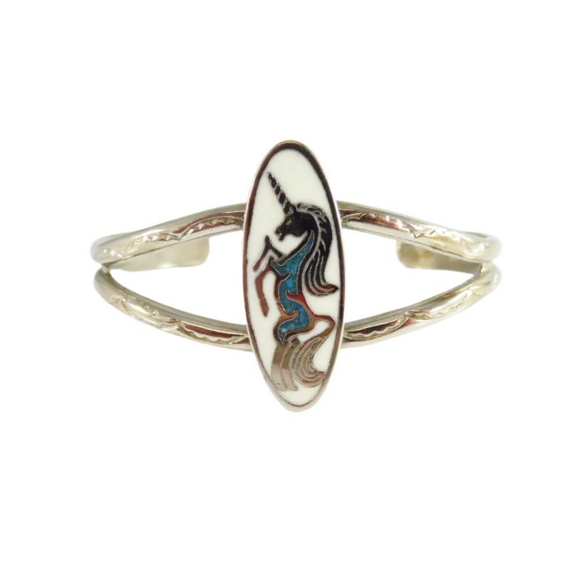 Retro Unicorn Cuff Bracelet White Enamel Crushed Turquoise  6 3/4" Cuff Bracelet