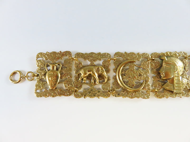 Unusual Egyptian Themed Yellow Metal Panel Bracelet 7 3/8" Vintage