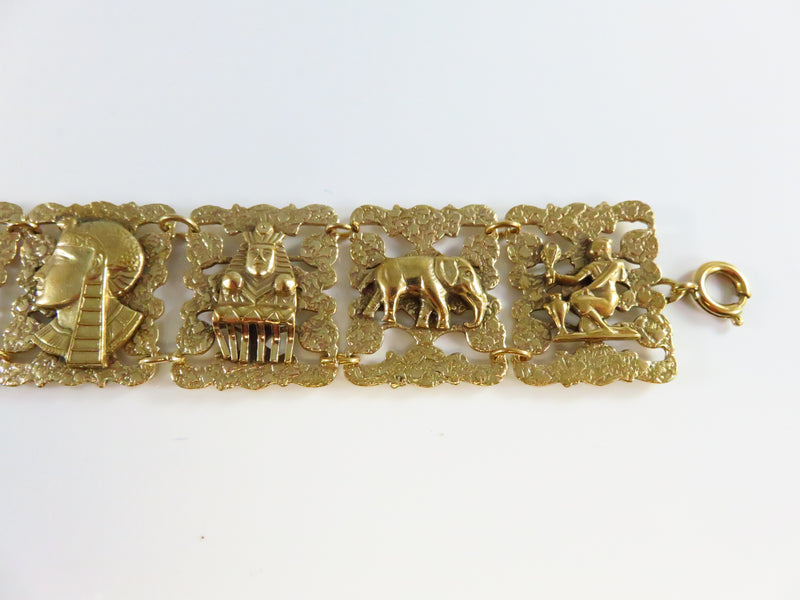 Unusual Egyptian Themed Yellow Metal Panel Bracelet 7 3/8" Vintage