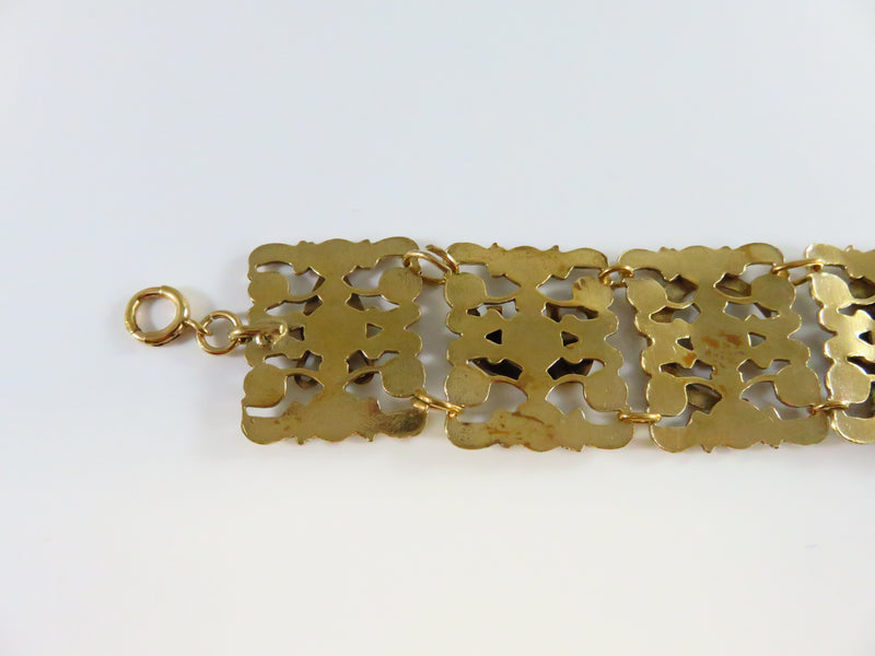 Unusual Egyptian Themed Yellow Metal Panel Bracelet 7 3/8" Vintage