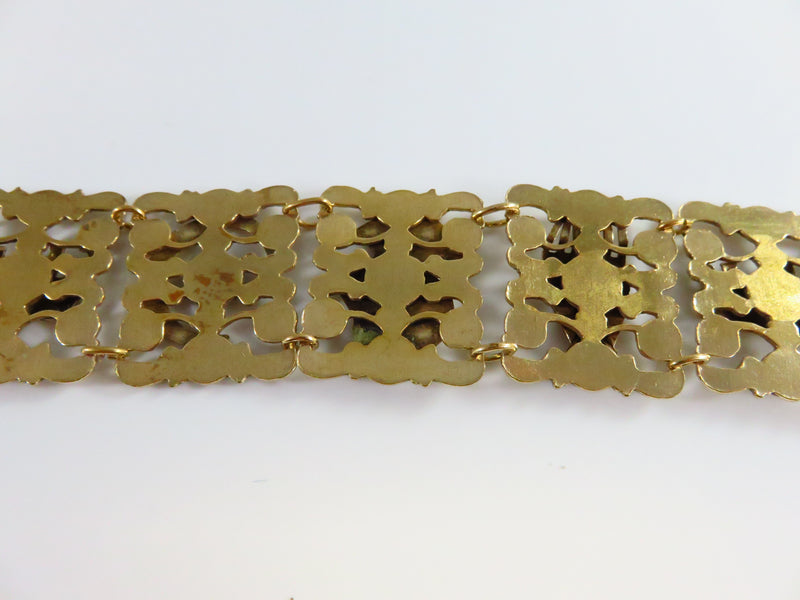 Unusual Egyptian Themed Yellow Metal Panel Bracelet 7 3/8" Vintage