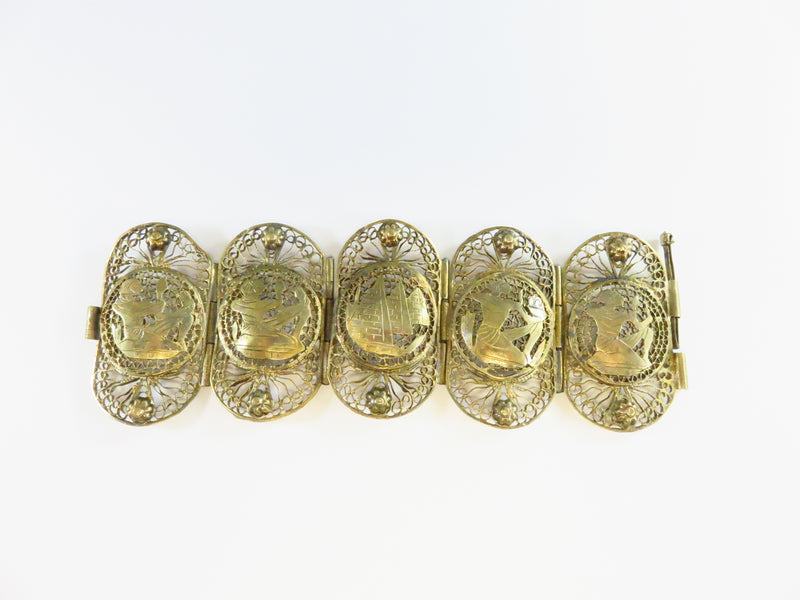 Egyptian Revival Vermeil Filigree White Metal Panel Bracelet Cuff 2 3/8" x 7"