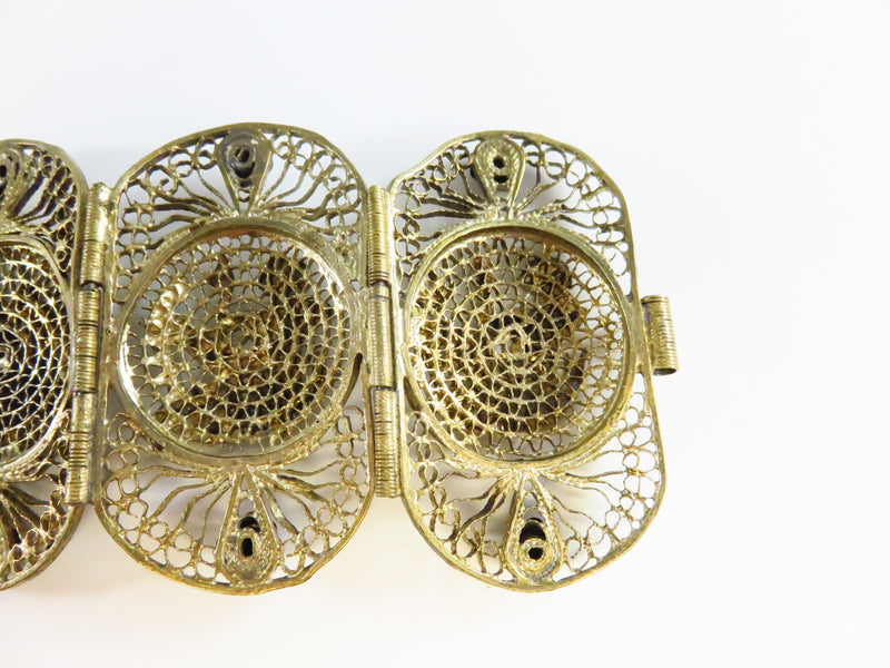 Egyptian Revival Vermeil Filigree White Metal Panel Bracelet Cuff 2 3/8" x 7"