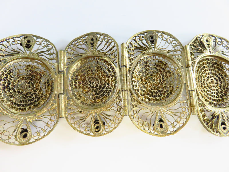 Egyptian Revival Vermeil Filigree White Metal Panel Bracelet Cuff 2 3/8" x 7"