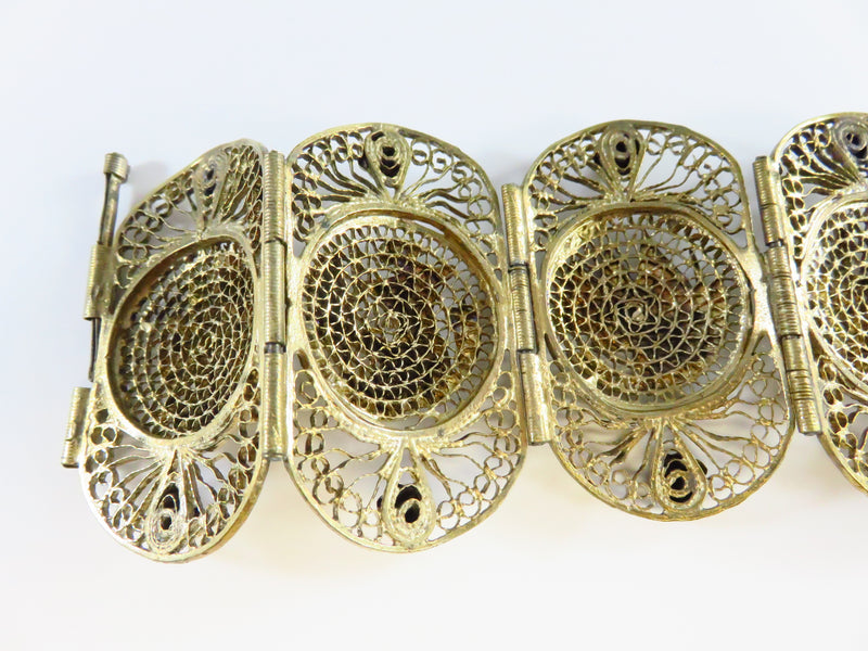 Egyptian Revival Vermeil Filigree White Metal Panel Bracelet Cuff 2 3/8" x 7"