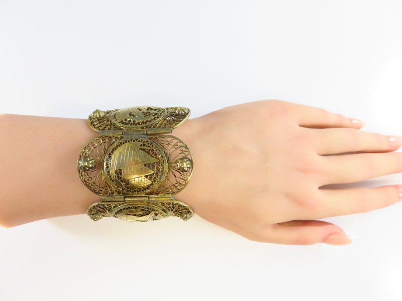 Egyptian Revival Vermeil Filigree White Metal Panel Bracelet Cuff 2 3/8" x 7"