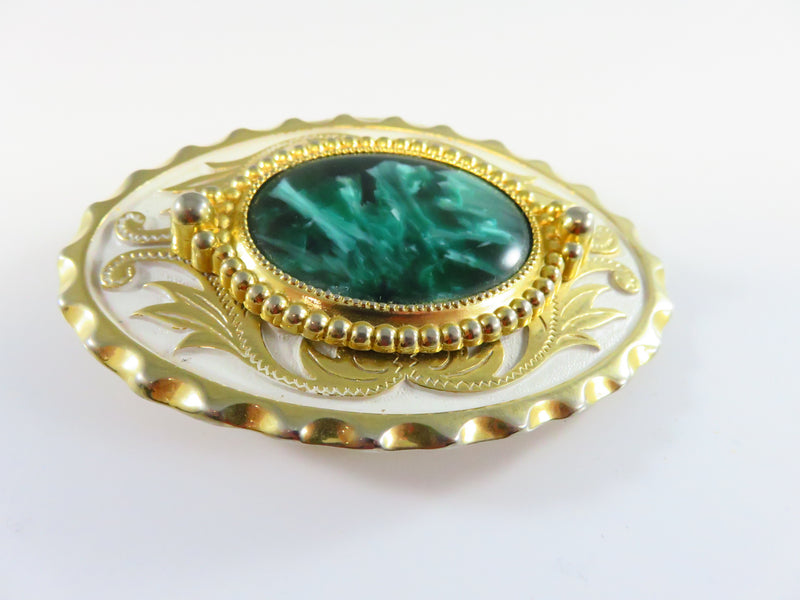 Vintage Green Glass White Pain Scrolling Gilt Southwestern Belt Buckle 1 5/8" Belt