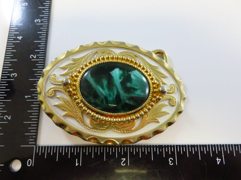 Vintage Green Glass White Pain Scrolling Gilt Southwestern Belt Buckle 1 5/8" Belt