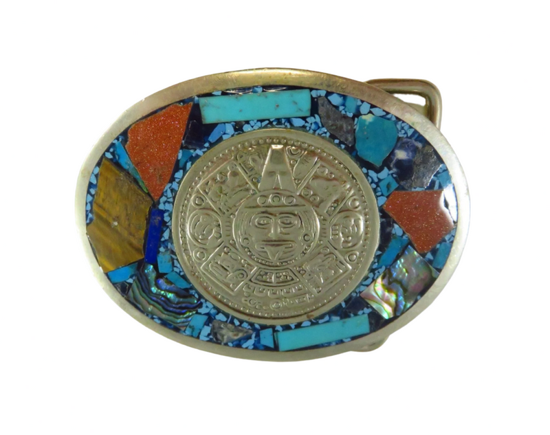 Vintage Oval Aztec Calendar Themed Belt Buckle Mixed Stone Surround 1 3/4" Belt