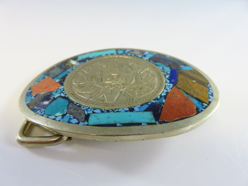 Vintage Oval Aztec Calendar Themed Belt Buckle Mixed Stone Surround 1 3/4" Belt