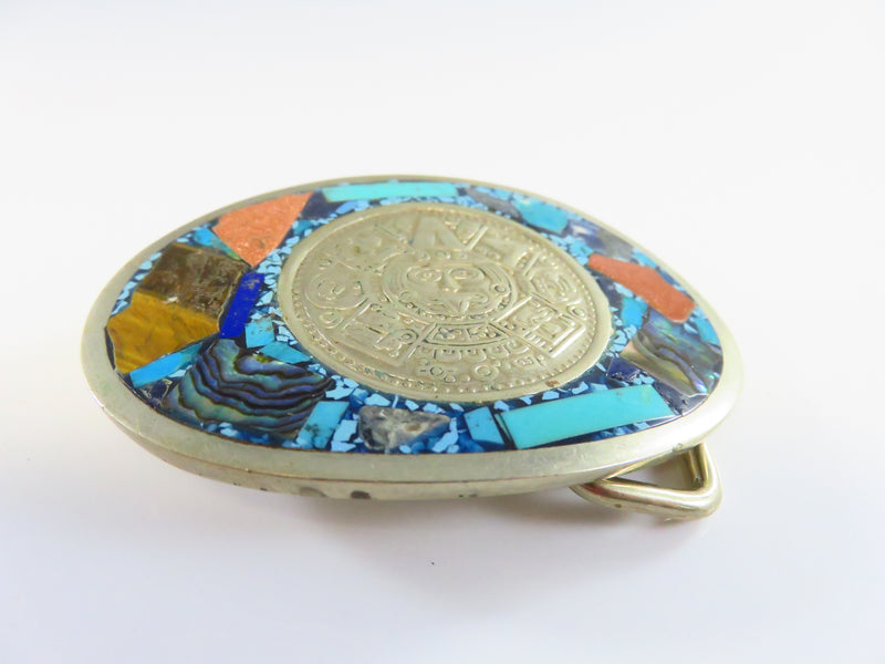 Vintage Oval Aztec Calendar Themed Belt Buckle Mixed Stone Surround 1 3/4" Belt