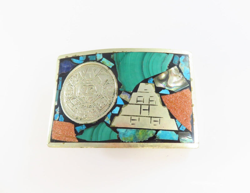 Vintage Rectangular Aztec Calendar Pyramid Belt Buckle Mixed Stones 1 7/8" Belt