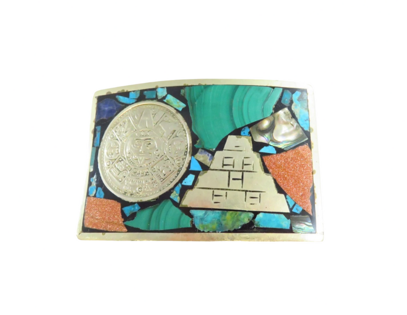 Vintage Rectangular Aztec Calendar Pyramid Belt Buckle Mixed Stones 1 7/8" Belt