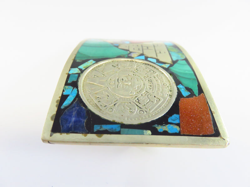 Vintage Rectangular Aztec Calendar Pyramid Belt Buckle Mixed Stones 1 7/8" Belt