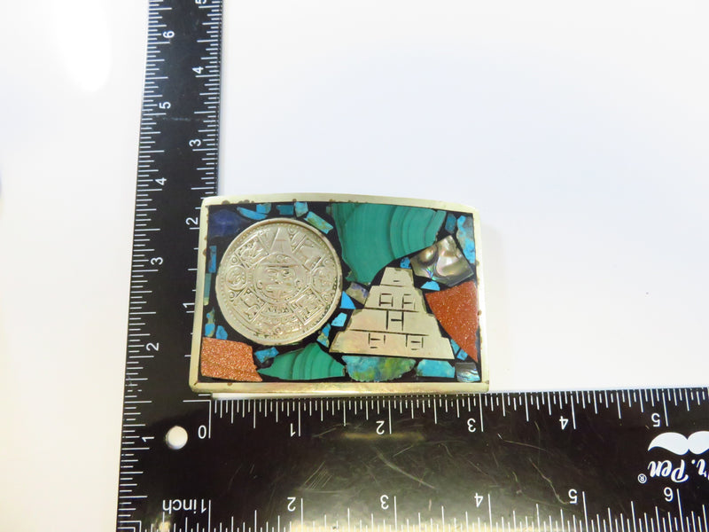 Vintage Rectangular Aztec Calendar Pyramid Belt Buckle Mixed Stones 1 7/8" Belt