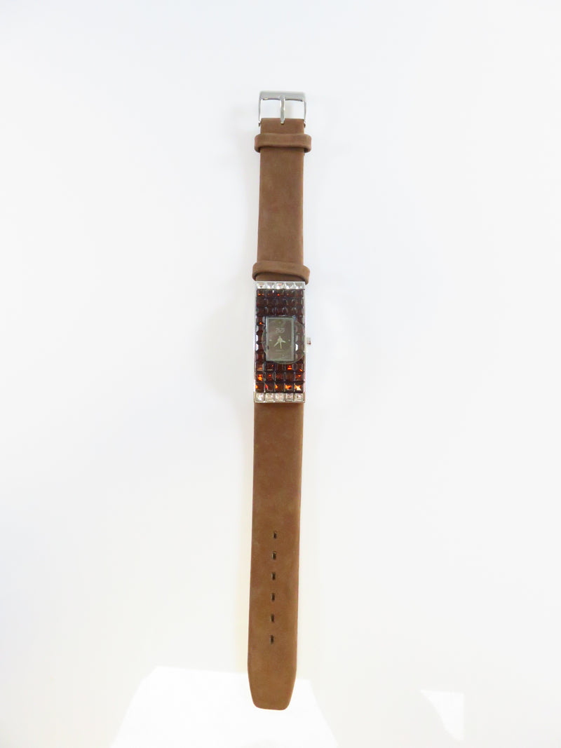 Suzanne Somers Topaz Brown & Clear Rhinestone Tank Watch Nice!!