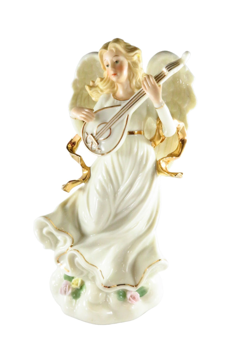 Ivory With Gold Brush Angel Music Box Playing Lute 9" High Penco Ind 8080