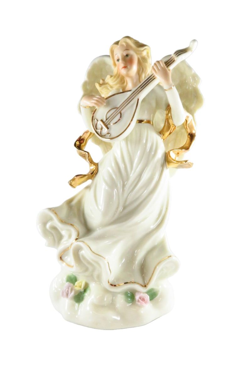 Ivory With Gold Brush Angel Music Box Playing Lute 9" High Penco Ind 8080