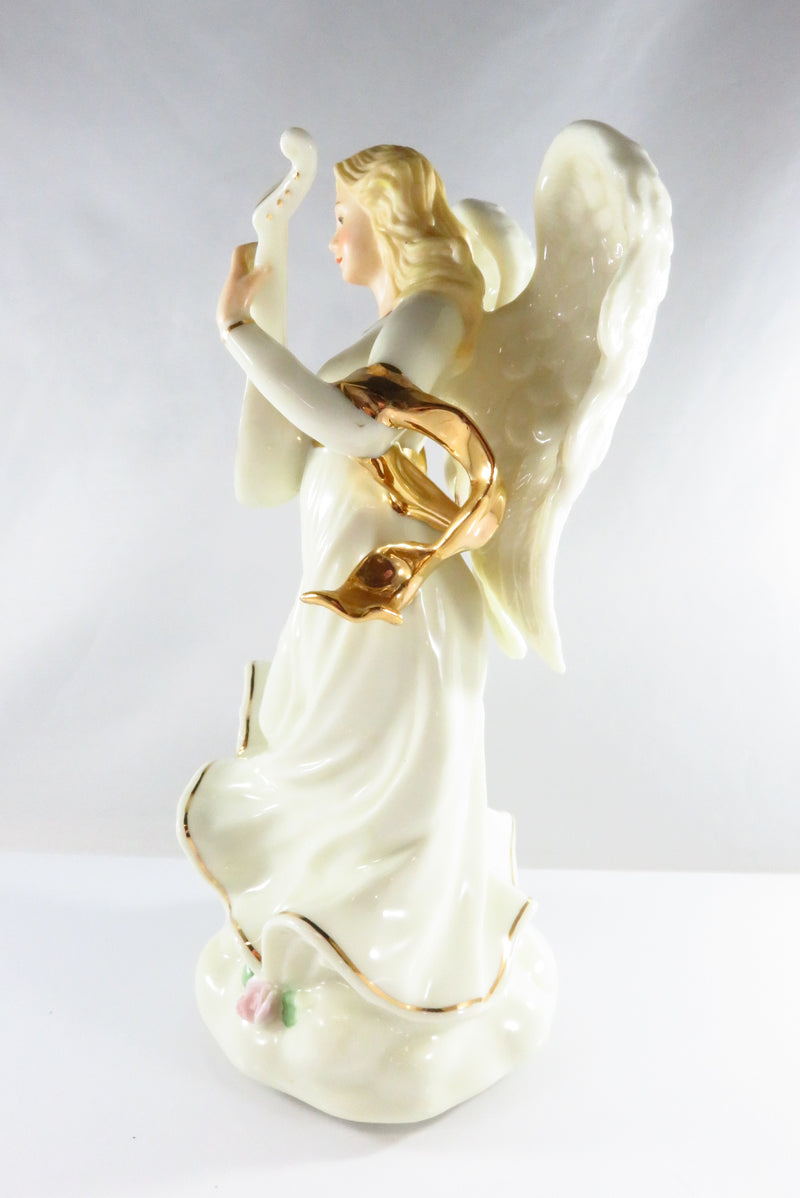 Ivory With Gold Brush Angel Music Box Playing Lute 9" High Penco Ind 8080