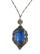 Art Deco Cobalt Blue Glass White Metal Necklace Pendant Czech Style 17" TL — Silver — front view