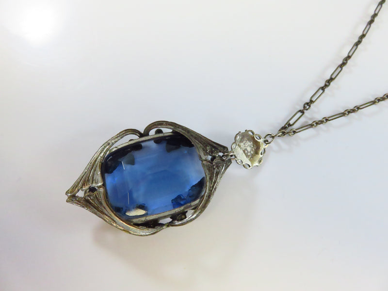 Art Deco Cobalt Blue Glass White Metal Necklace Pendant Czech Style 17" TL