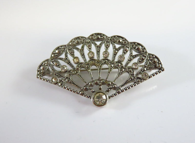 Art Deco Style Fan Brooch White Metal Clear Stones By Avon 2 1/4" Wide