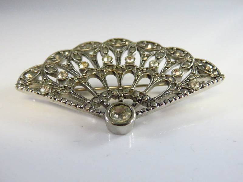 Art Deco Style Fan Brooch White Metal Clear Stones By Avon 2 1/4" Wide