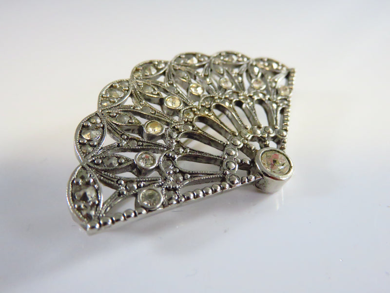 Art Deco Style Fan Brooch White Metal Clear Stones By Avon 2 1/4" Wide