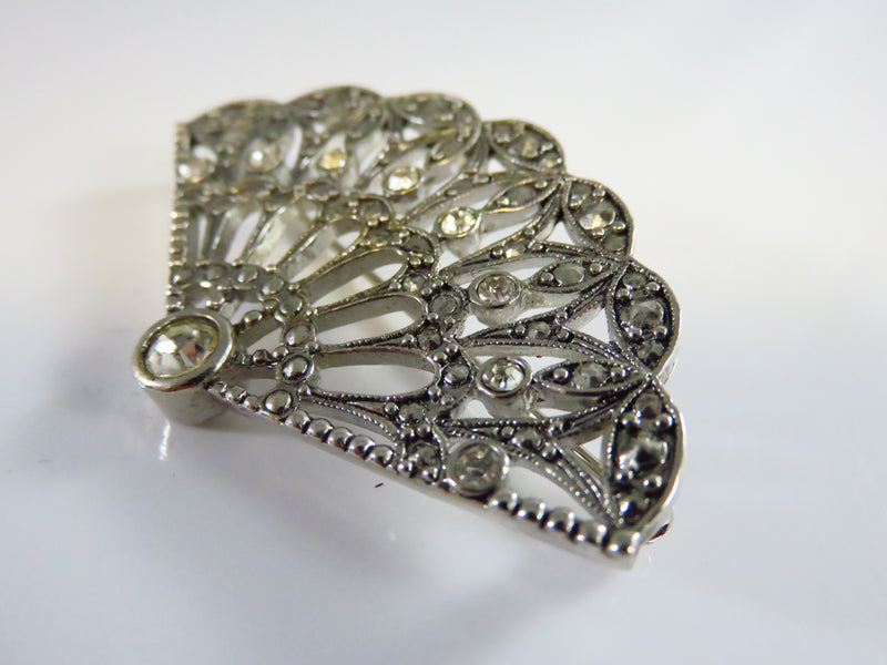 Art Deco Style Fan Brooch White Metal Clear Stones By Avon 2 1/4" Wide