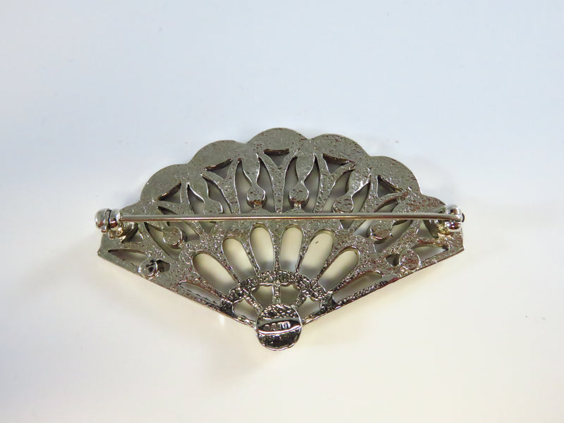 Art Deco Style Fan Brooch White Metal Clear Stones By Avon 2 1/4" Wide