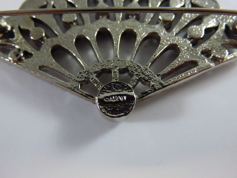 Art Deco Style Fan Brooch White Metal Clear Stones By Avon 2 1/4" Wide