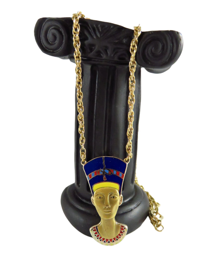 Cloisart Nefertiti Enameled Pendant Gold Tone Egypt Pharaoh Necklace