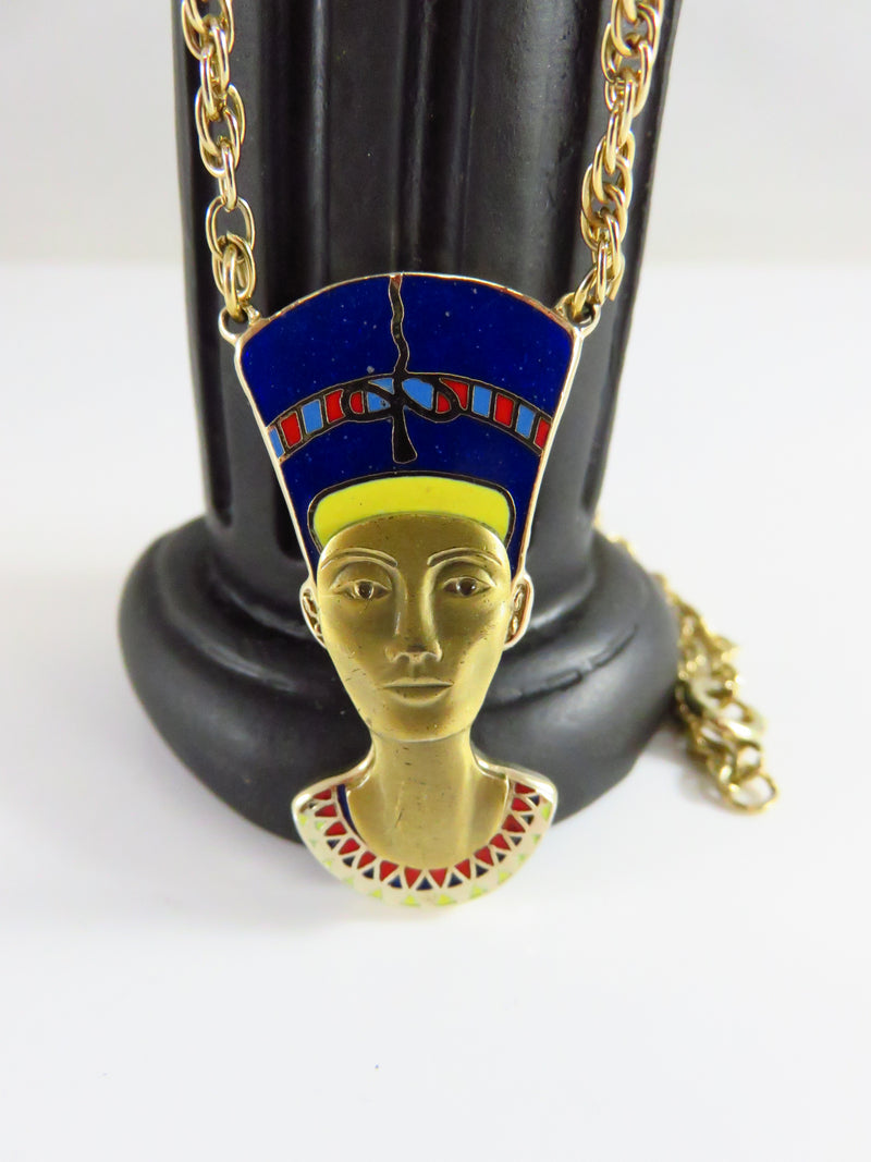 Cloisart Nefertiti Enameled Pendant Gold Tone Egypt Pharaoh 18" Necklace