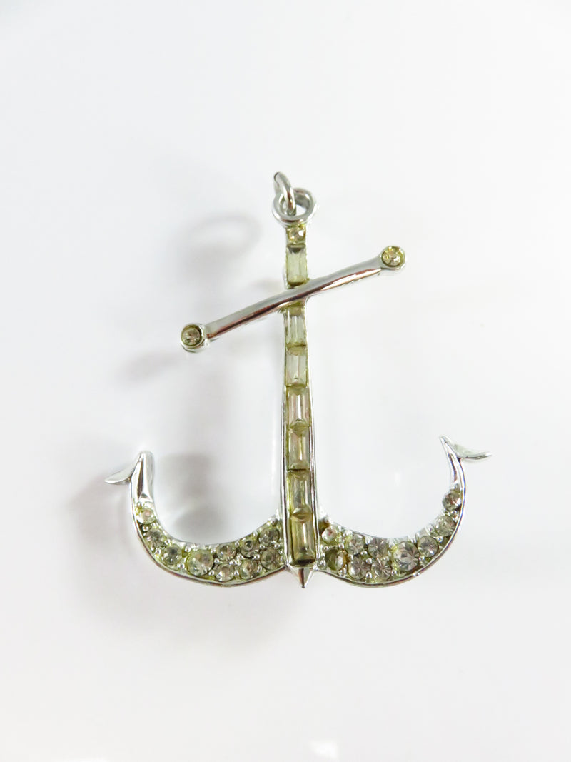 c1940 Rhinestone Anchor Brooch Pendant Emerald & Round Cut in Gift Box