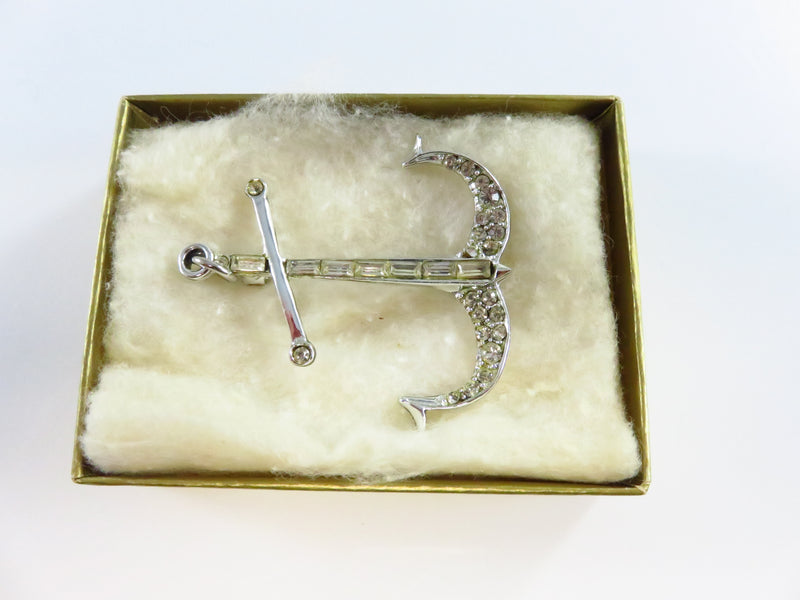 c1940 Rhinestone Anchor Brooch Pendant Emerald & Round Cut in Gift Box