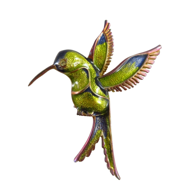 Vintage Enameled Blue Green Yellow Gilded Hummingbird Brooch Pin