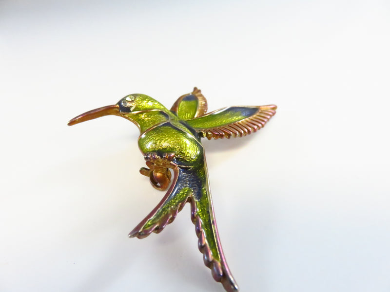 Vintage Enameled Blue Green Yellow Gilded Hummingbird Brooch Pin